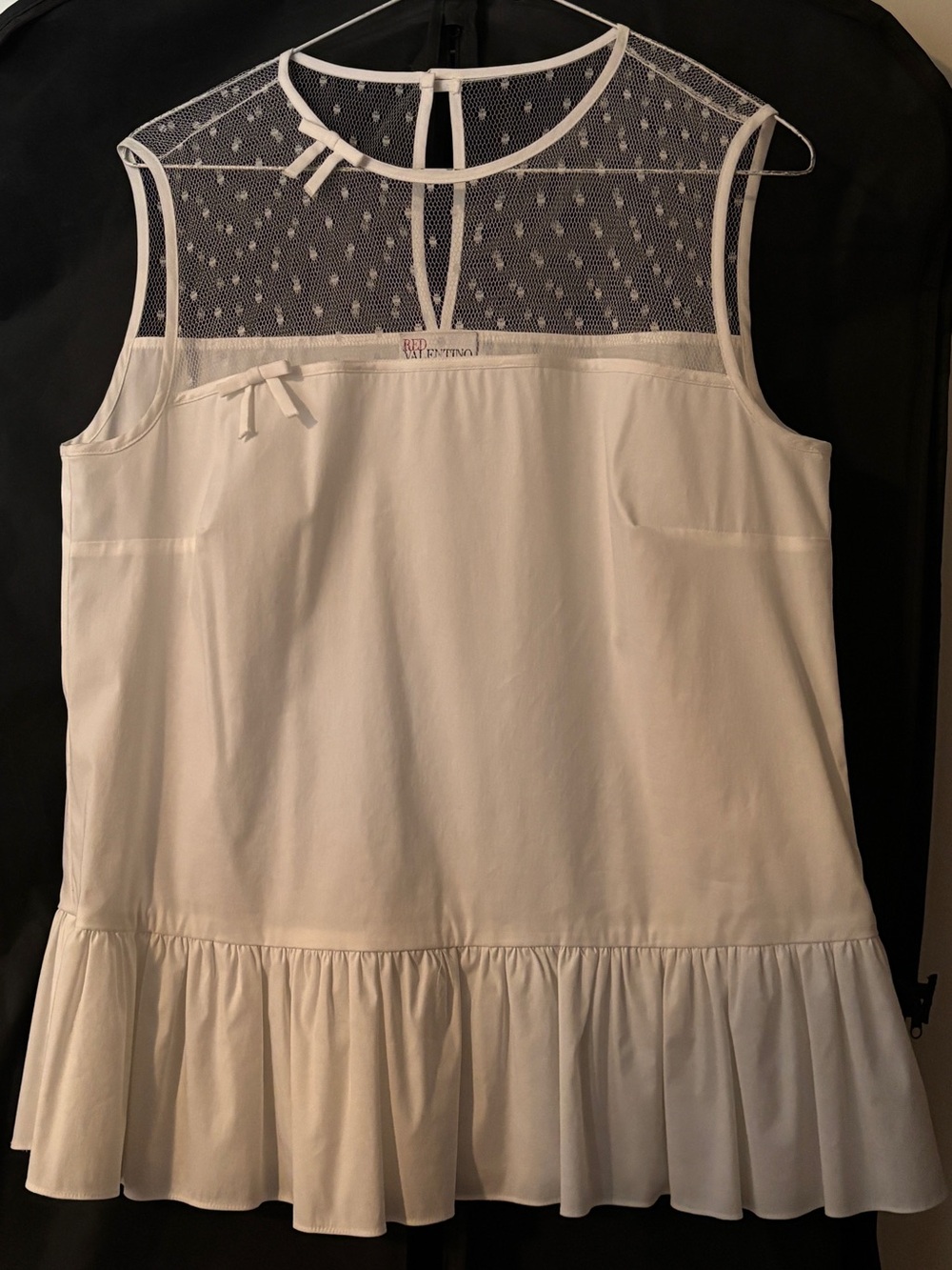 RED Valentino White Mesh Yoke Ruffle Hem Sleeveless Top
